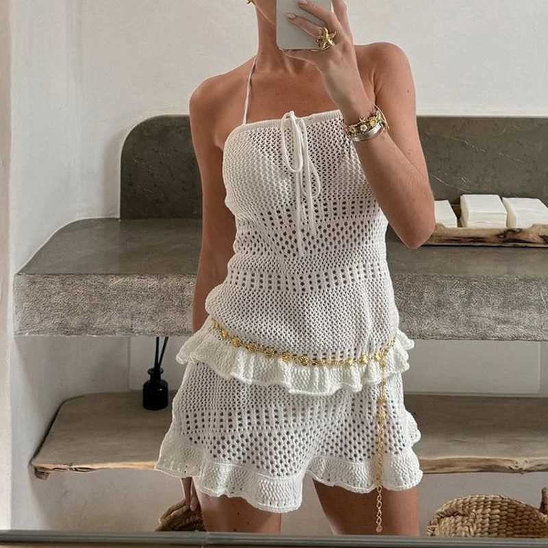 Fashion Tie Up Casual Cover-up Dress Lady Sexy Knitted Hollow Out Sleeveless Dress Summer Pure Color Halter Beach Vacation Dress a10 M260304