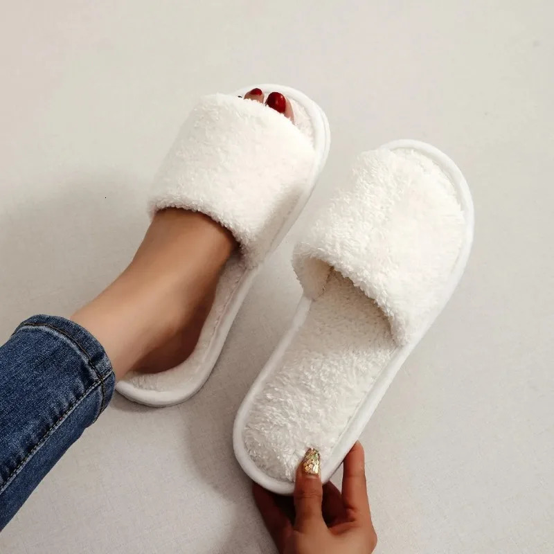 Four Seasons Womens Home Slippers Slides Sandals Shoes White Fur Warm Plush Comfortable Lightweight Flat 260305