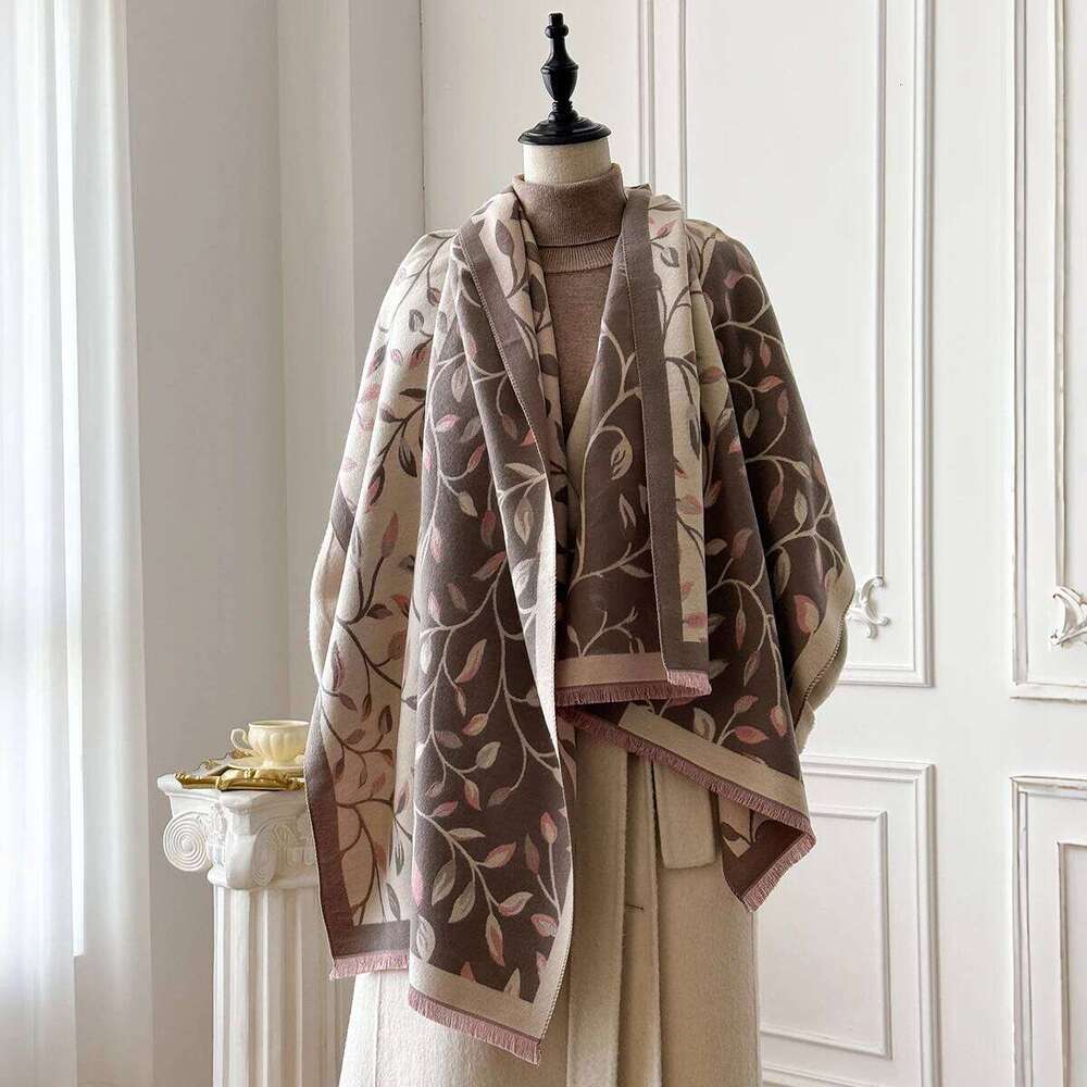 Brand Fashion Women's Cashmere Winter Shawl - Vintage Oil Painting Leaf Printed Tasseled Pashmina Thick Wrap & Echarpe Poncho XJ260304