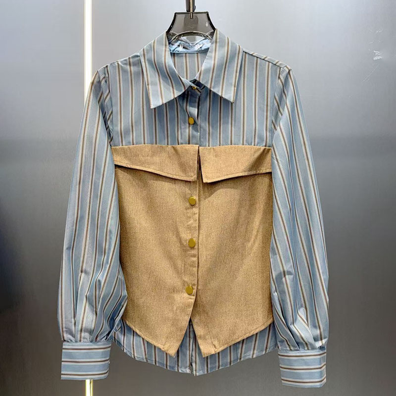 Designer Women Vintage Blouses Lapel Neck Patchwork Casual Shirts Autumn Spring Street Style Vacation Long Sleeve Tops