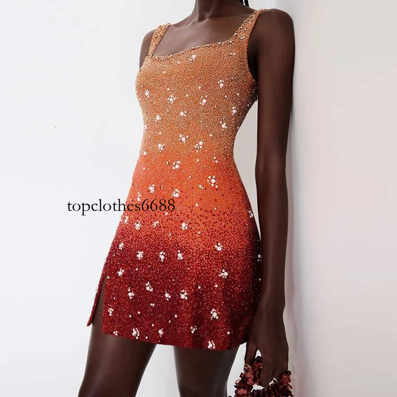 New Temperament Sequin Slim Evening Casual Square Collar Pearl Design Summer Hollow Sleeveless Suspender Club Dress