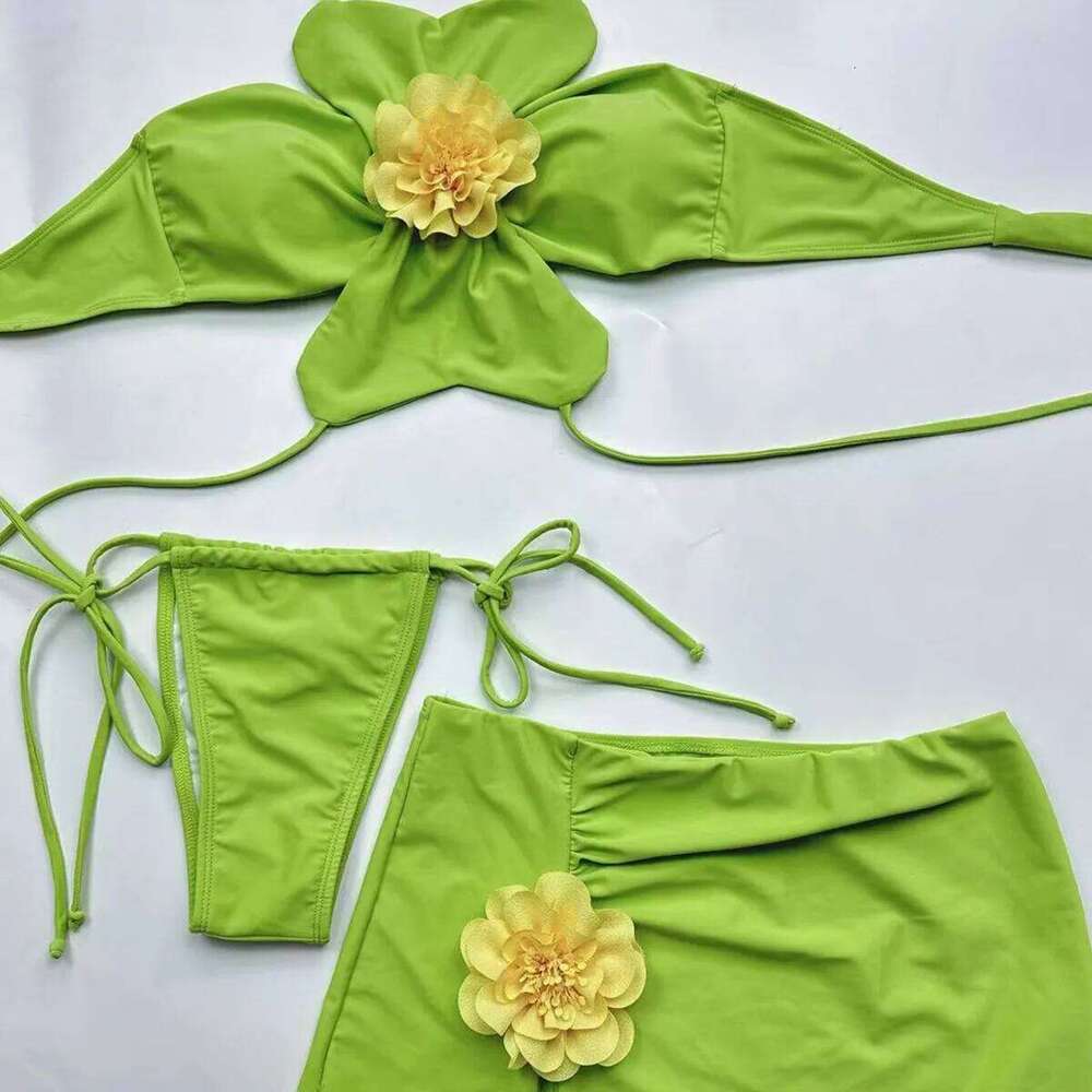 Neck with Skirt 3D Flowers Halter Female Swimsuit Women Swimwear 3 Piece Bikini Set Bather Bathing Suit Swim Y260303