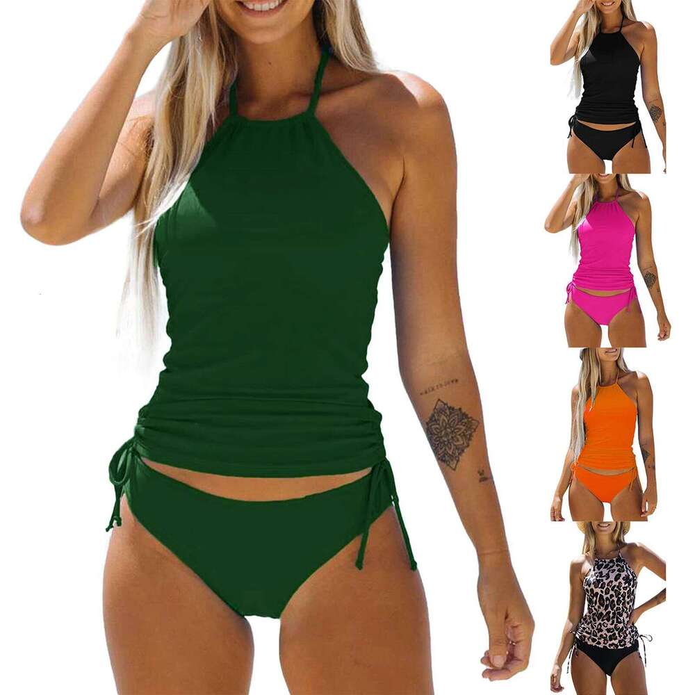 New Basics Charming Women Bikini Set, Neck Hanger Sleeveless Backless Crop Tops Solid Color Panties for Summer Y260303