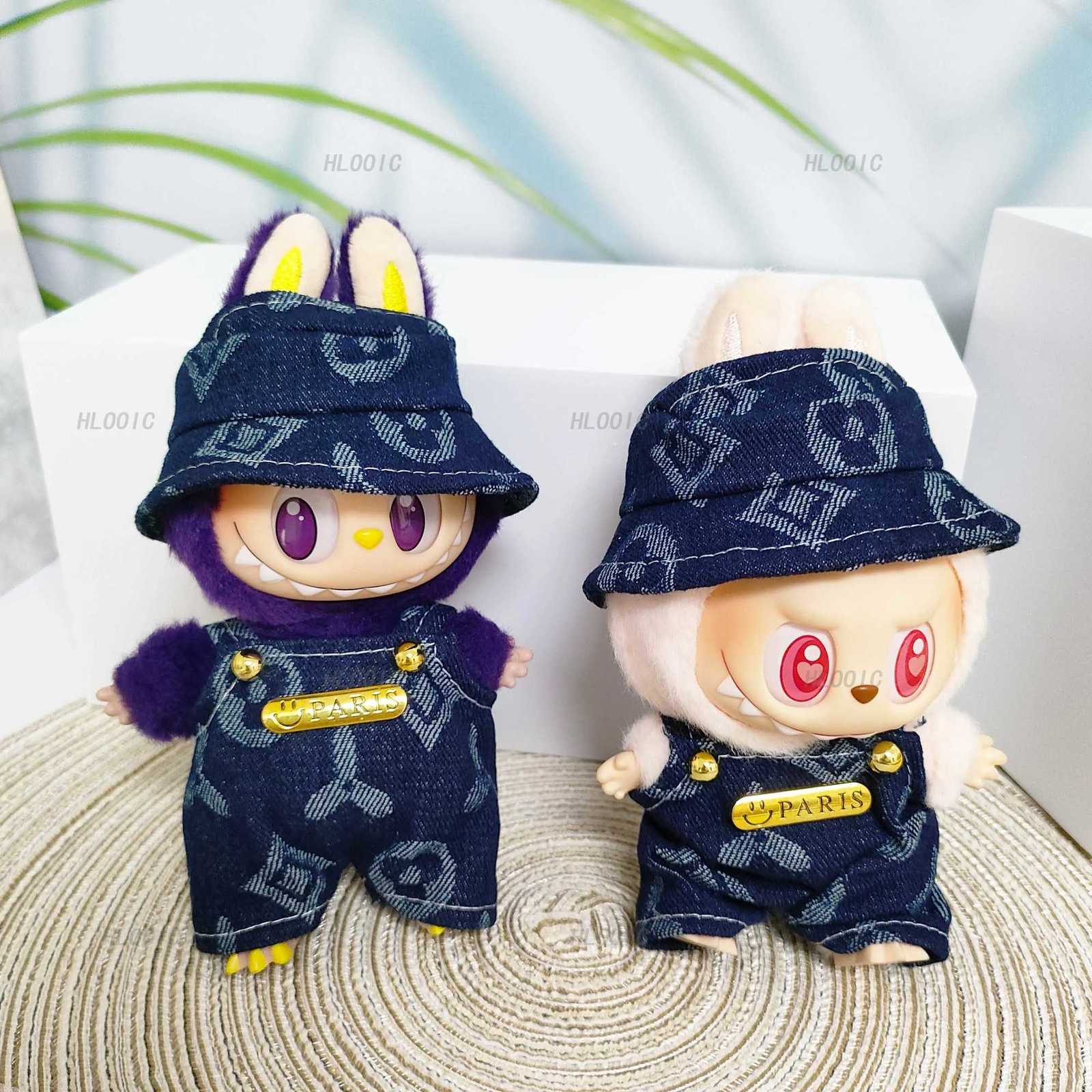 Denim Jacquard Overalls & Bucket Hat Set with Metal Badge for 15cm 17cm Labubu Dolls Outfit AccessoriesT260304