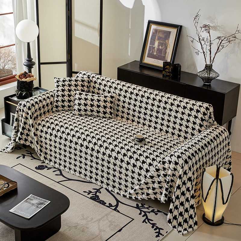 Houndstooth Soft Plush Throw Blanket Oversized Furniture Protector for Modern SofaT260304