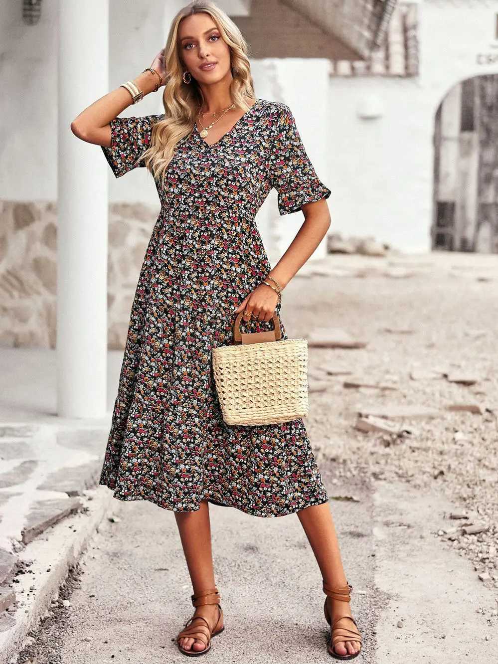 Summer Women V Neck Elegant Printed Short Sleeve High Waist A Line Floral Holiday Dress M260304