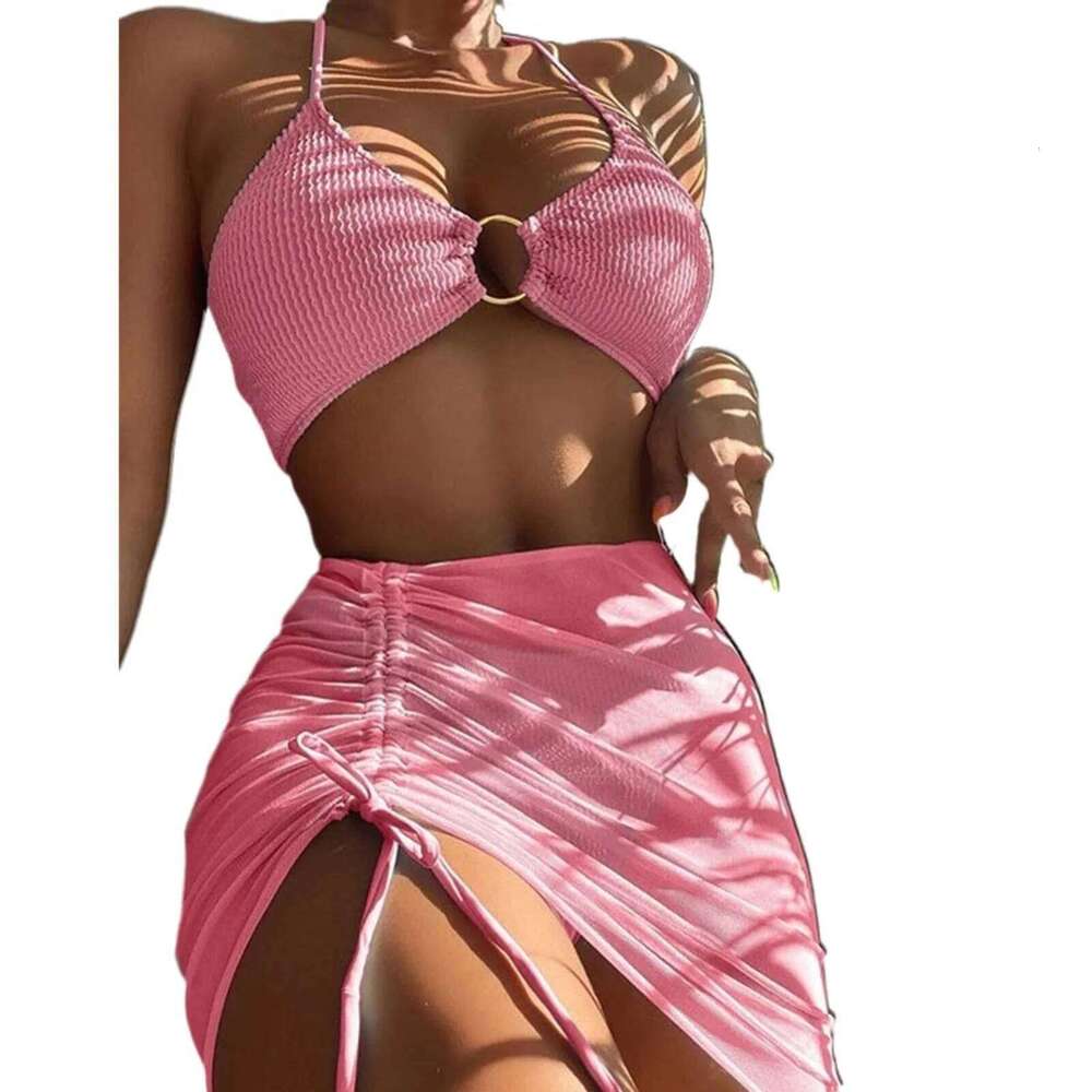 Bikini Women'S Sexy Solid 3 Piece Bathing Suit Seductive Hollow Buckle Biquini With Adjustable Drawstring For Womens Y260303