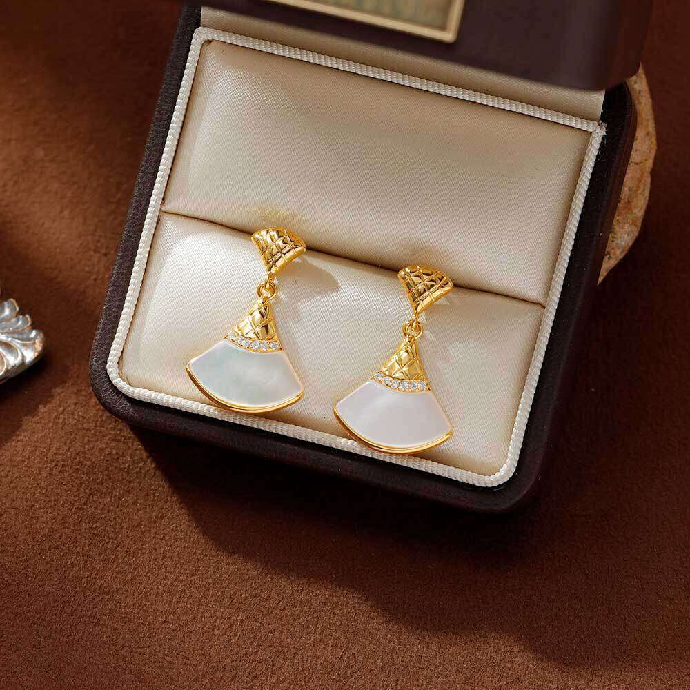 Fan-shaped Fashionable Light Luxury Zircon Mother-of-pearl Skirt Earrings Sweet And Elegant Earrings