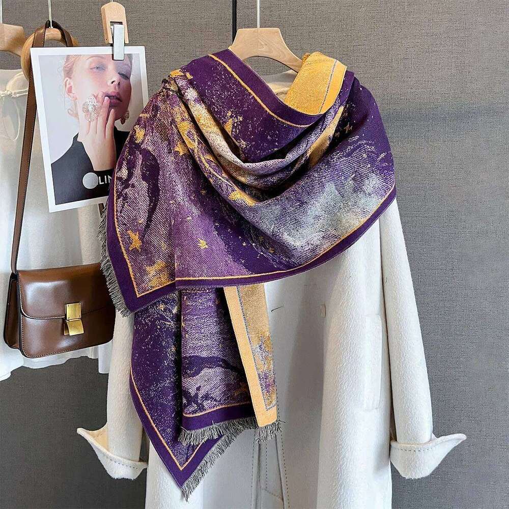 Autumn/Winter Warm Scarf 185*65cm Star Print Tassel Shawl Women's Imitation Cashmere Thickened Warps Coldproof Windproof Blanket XJ260304