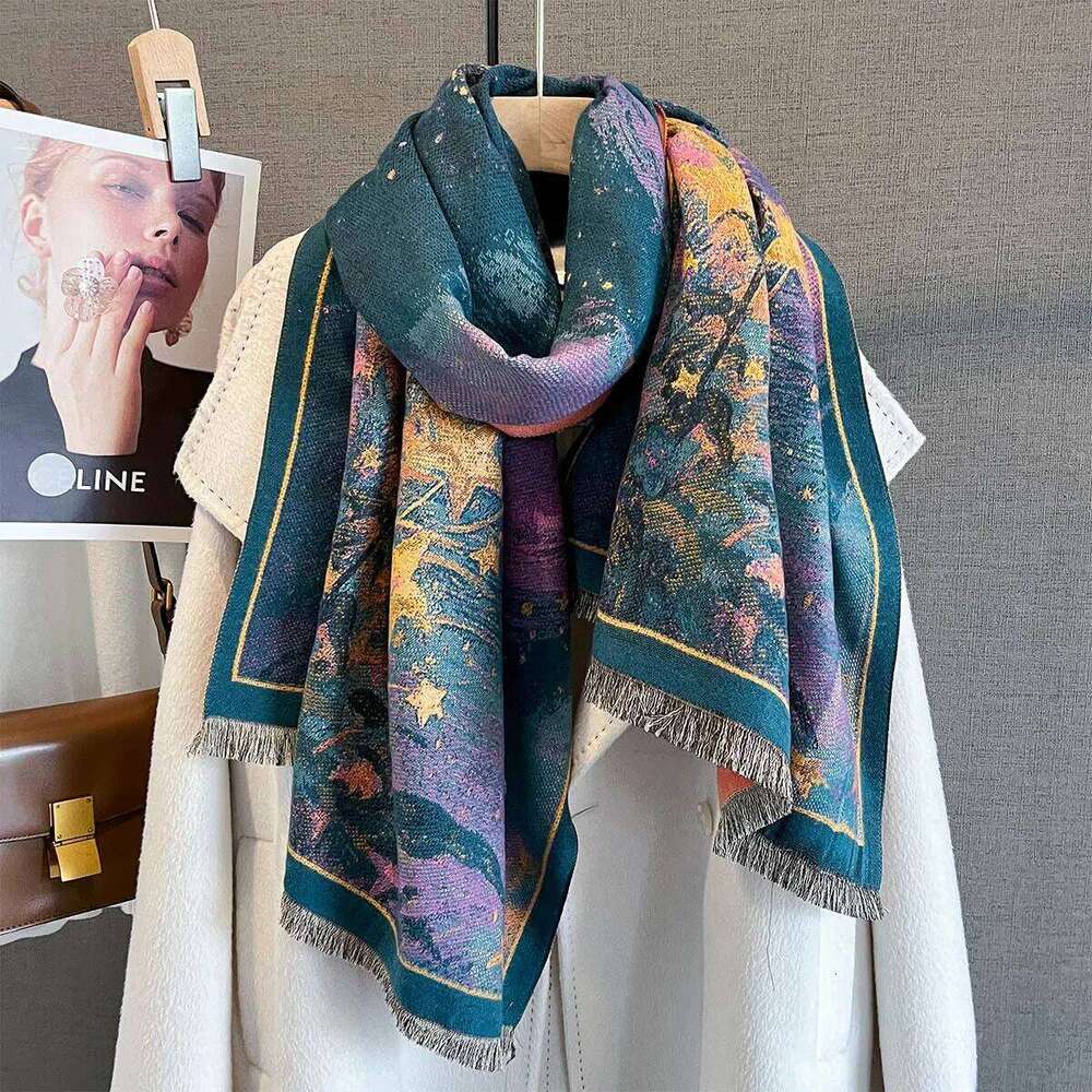 Autumn/Winter Warm Scarf 185*65cm Star Print Tassel Shawl Women's Imitation Cashmere Thickened Warps Coldproof Windproof Blanket XJ260304