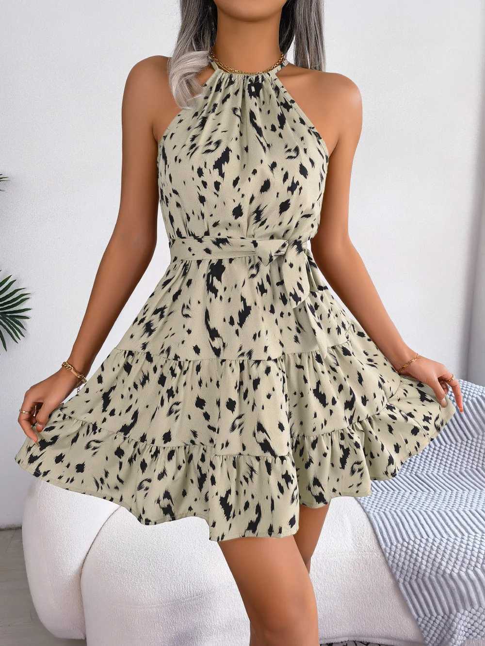 Leopard Print Ruffled Hanging Neck Fashion Dress Women Spring Summer Sexy Halter Mini Dress M260304