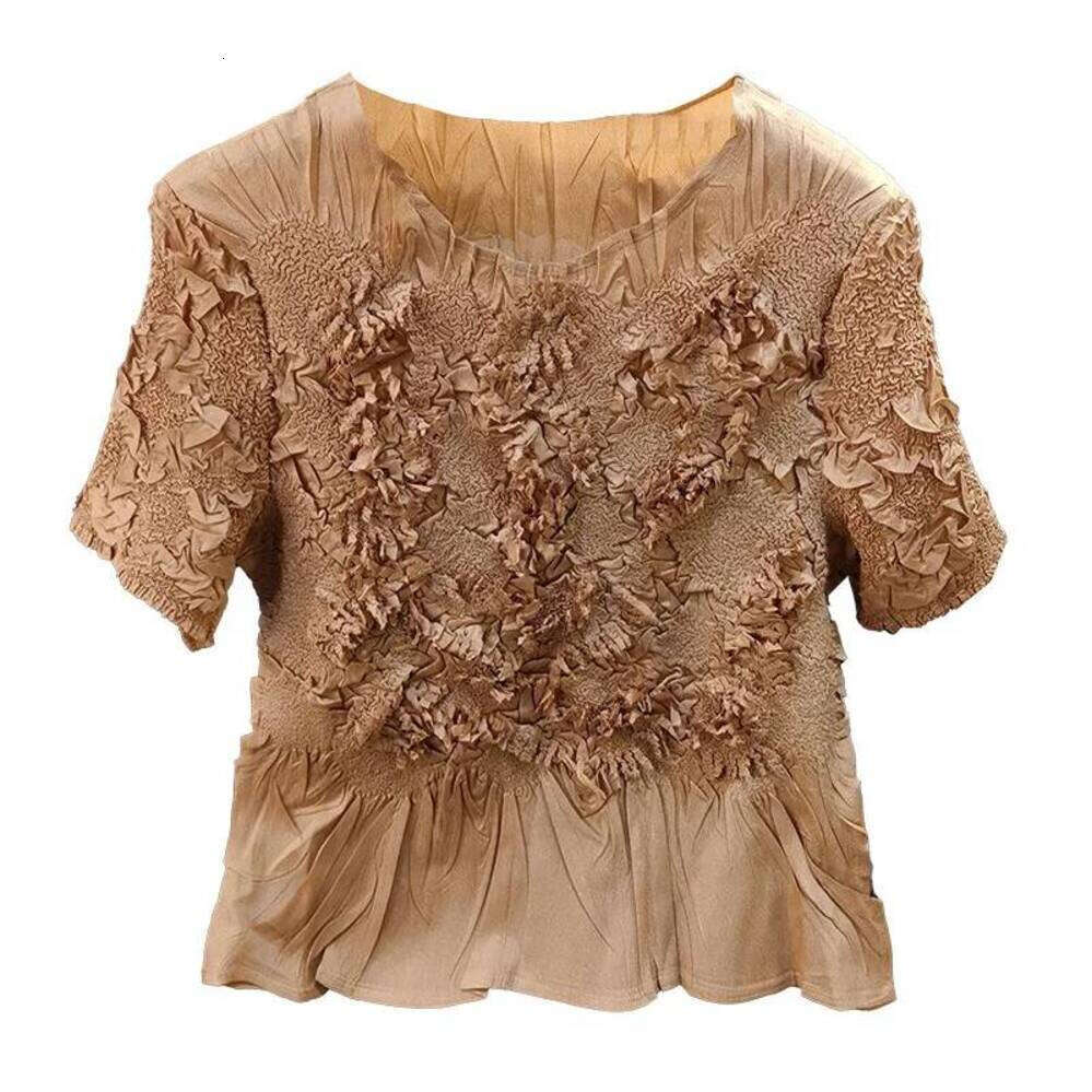 ZHE HAN Miyake Pleated Handmade Stacked Flowers Fold Round Neck T-Shirt Summer New Solid Versatile Thin Short-Sleeved Pleat Tops