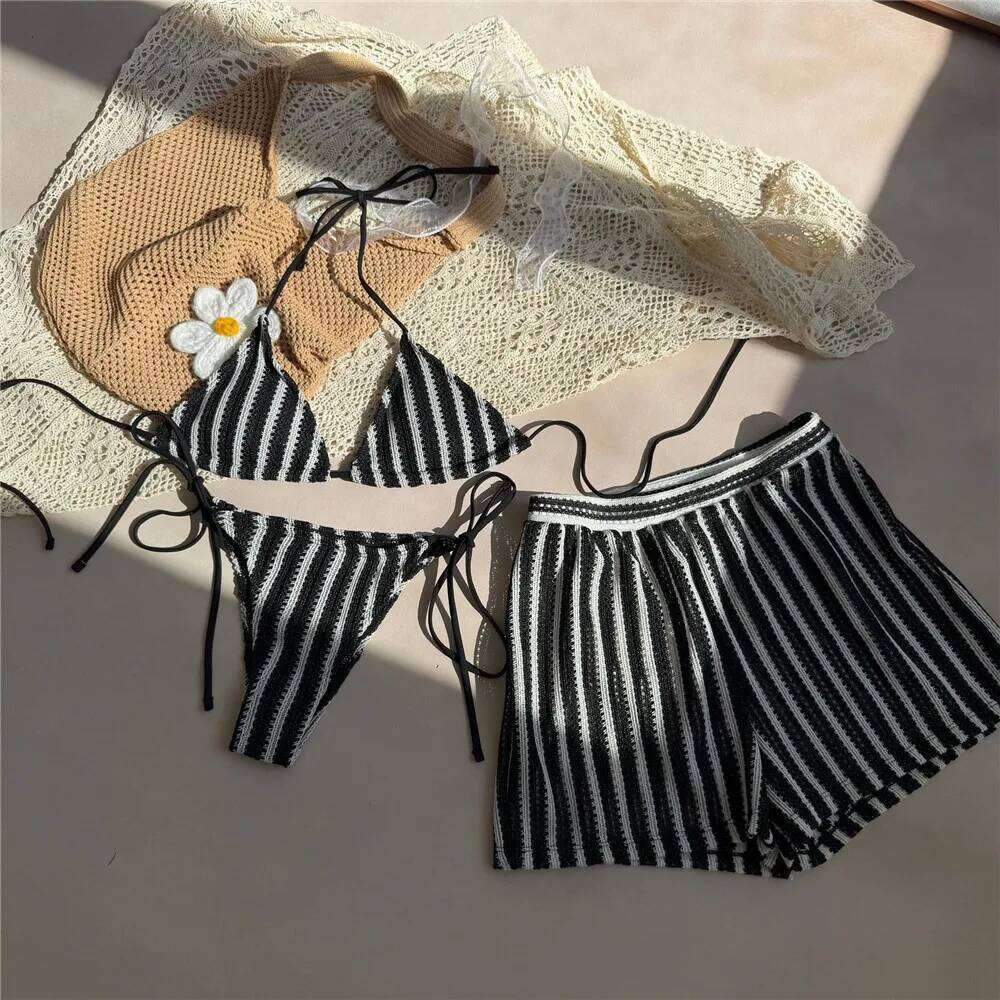Orange Striped Swimwear Halter String Triangle Bikinis Sets 3 Pieces Bottoms Shorts Mini Micro Thong Sexy Swimsuit Woman 2025 Y260303