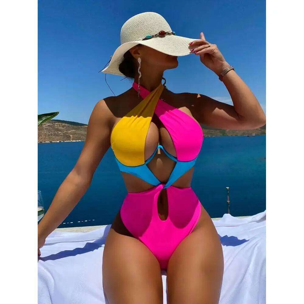 Cikini-Colorblock Cut Out Tie Back Underwire Swimsuit for Women, Summer Beach Swimwear, One Piece Bathing Suit Y260303