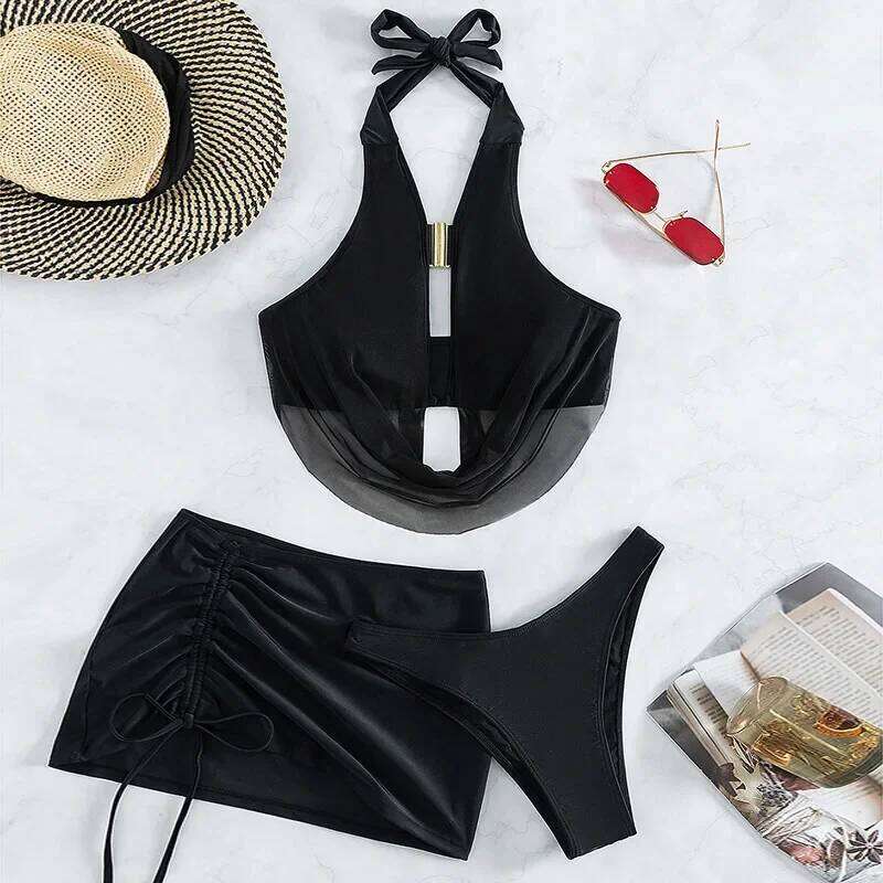 3 Piece Solid Halter Bikini 2025 Women Sexy Swimsuit & Beach Skirt Black Swimwear Bathers Bathing Swimming Suit Female Beachwear Y260303