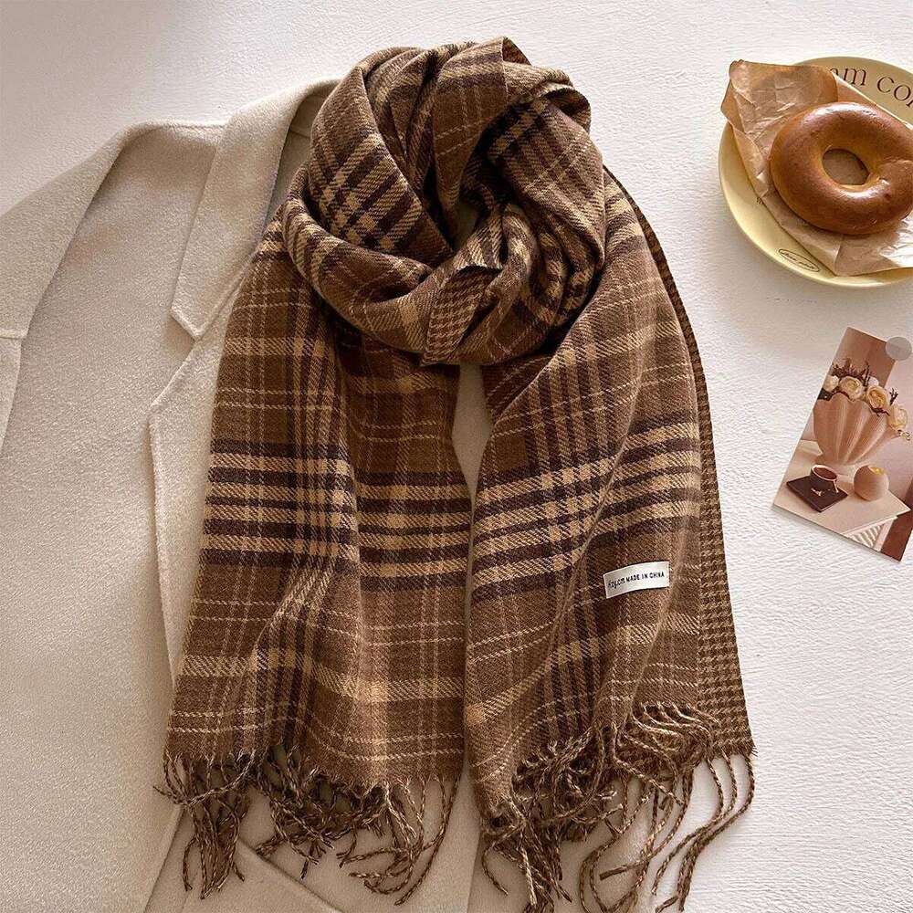 Winter Warmer Thickened Scarf For Women Plaid Print Tassel Pashmina Shawl Faux Cashmere Warps Autumn Elegant Ladies Blanket XJ260304