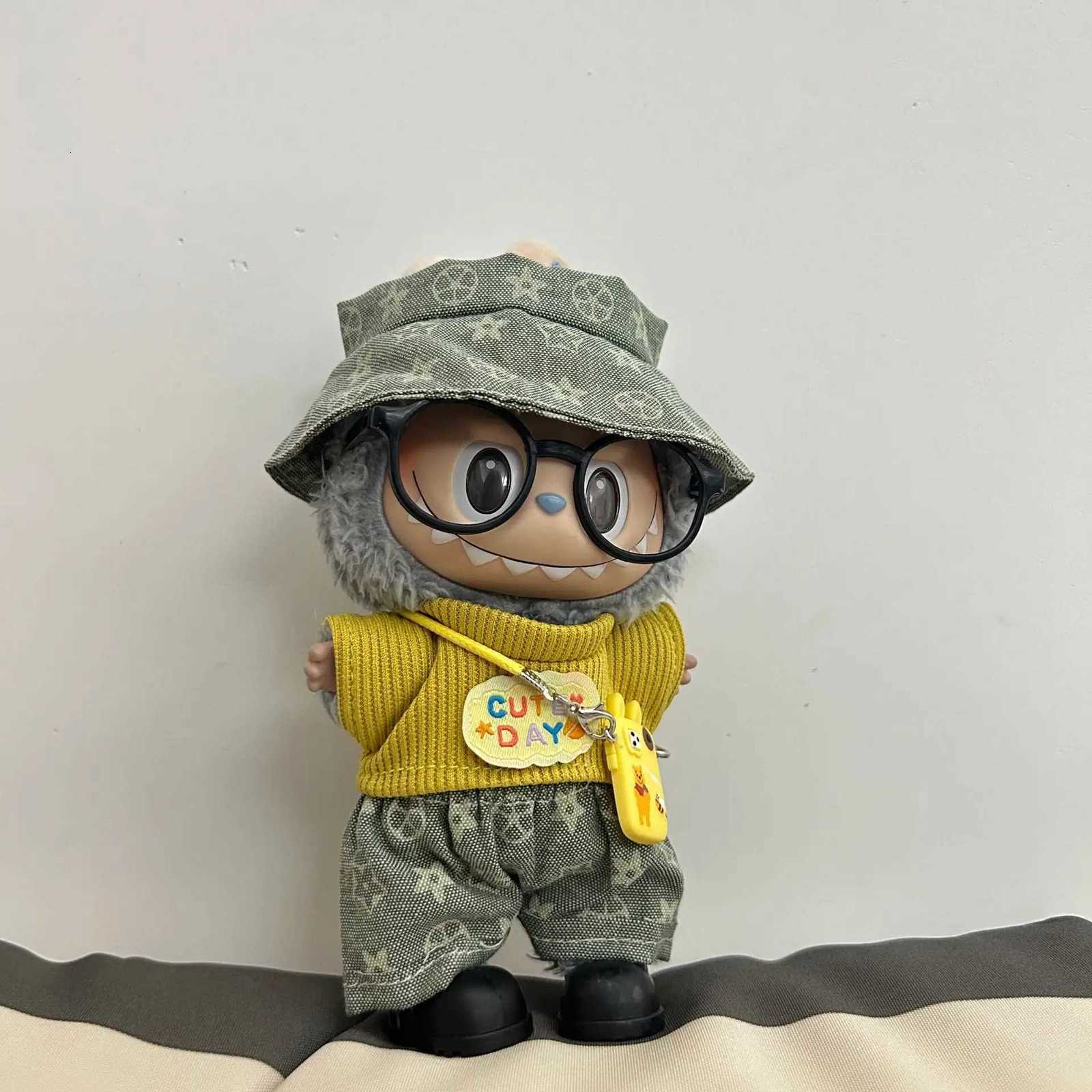 Retro Casual Set with Bucket Hat, Sweater, Phone Bag & Glasses for 10cm & 40cm Sitting Party Labubu Dolls Trendy Outfit AccessoriesT260304