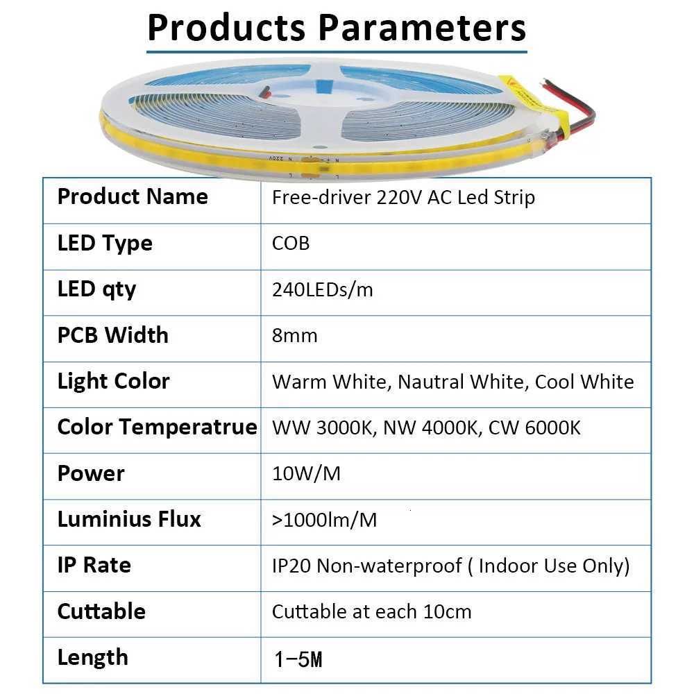 220V COB LED Strip Light Flexible Tape Lights No Need Driver High Bright 240 LEDs/m Linear Lighting Warm Cold Natural White 1-5M H260304