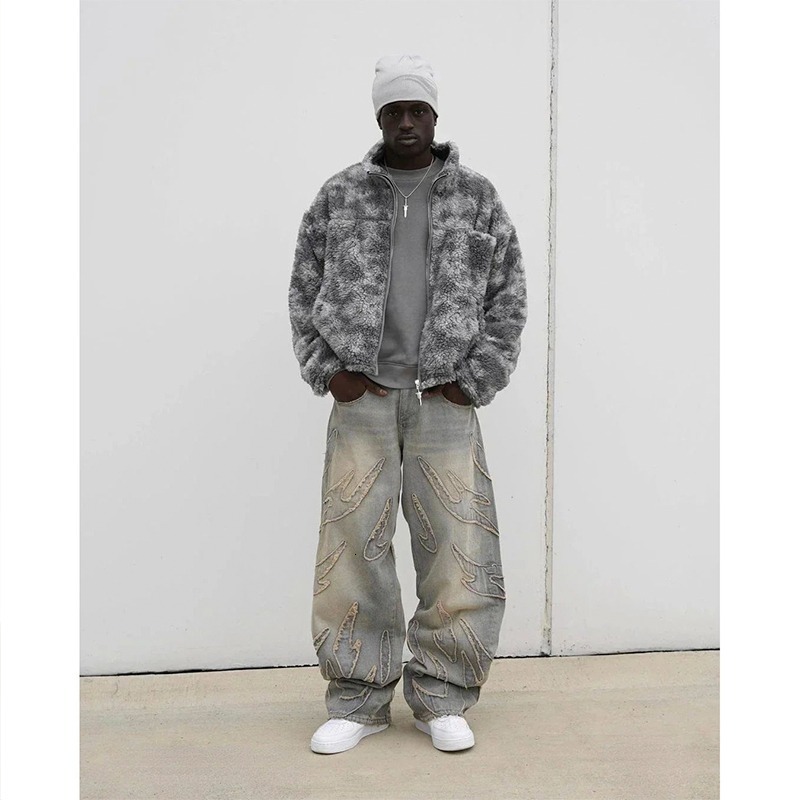 Harajuku Retro Bat Designer Pants Pattern Embroidered Loose Jeans Men's Street Fashion Pants Casual Jeans