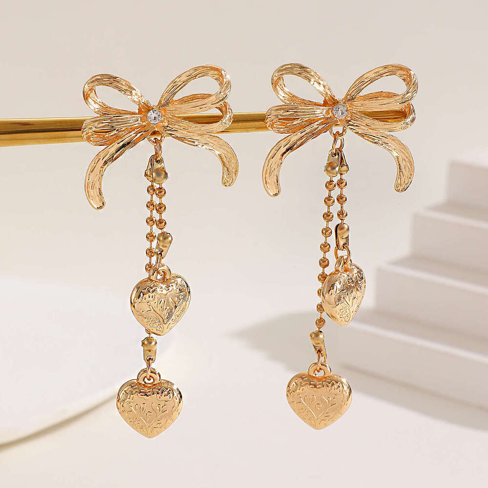 French-style Bow-shaped Stud Earrings With Dangling Fringes And Heart-shaped Pendant For Women