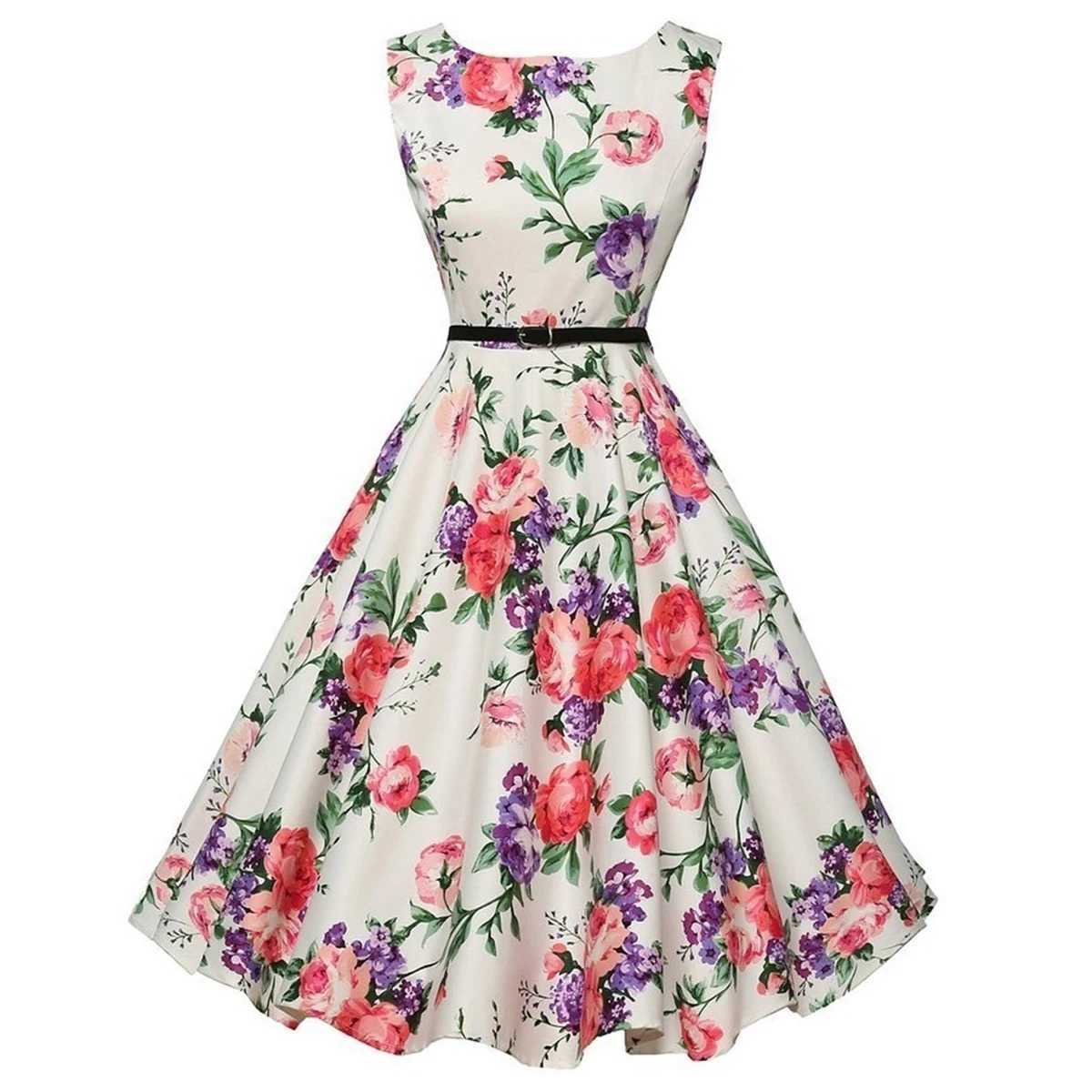 Summer Vestidos Dress Clothing Floral Robe Retro Swing Casual Vintage Rockabilly Dresses M260304