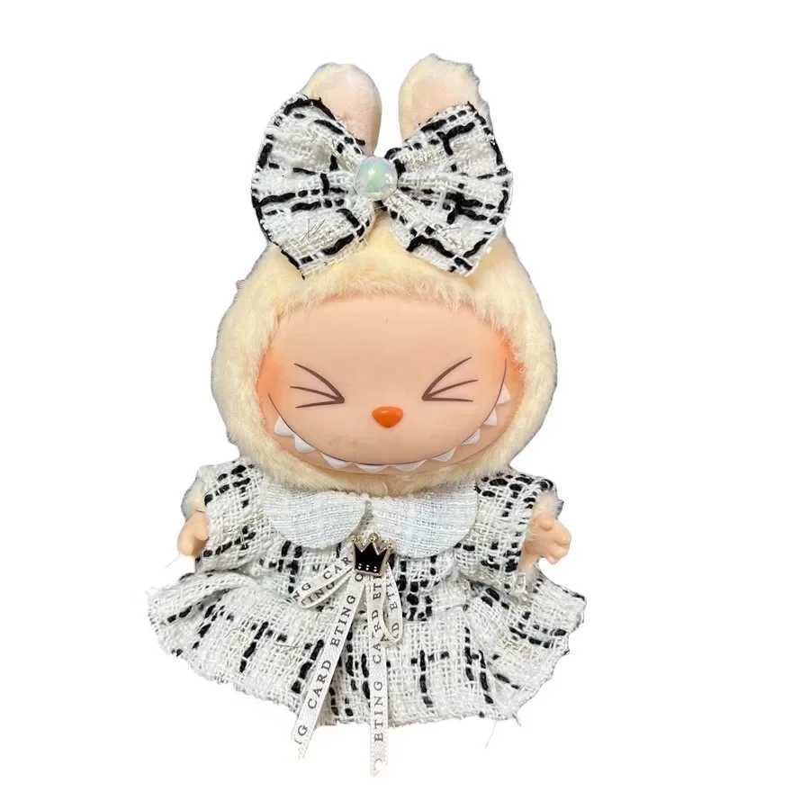 17cm Labubu Pink Tweed Dress & Bow Set, Cute Fashion Doll Outfit with Heart Badge for Plush Doll AccessoriesT260304