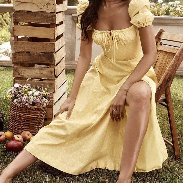 Women Floral Print Long Dress Summer Chic Short Sleeve Square Collar Split A Line Party Sundress Ladies Holiday Beach Vestidos M260304