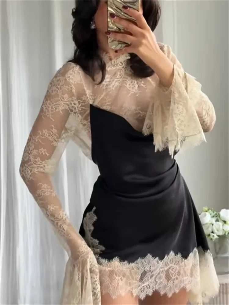 COOBBU Lace Patchwork Mini Dress Women Elegant Full Flared Sleeve Waist Cinching Slim Mini Dresses 2026 Lady Street Chic Gown M260304