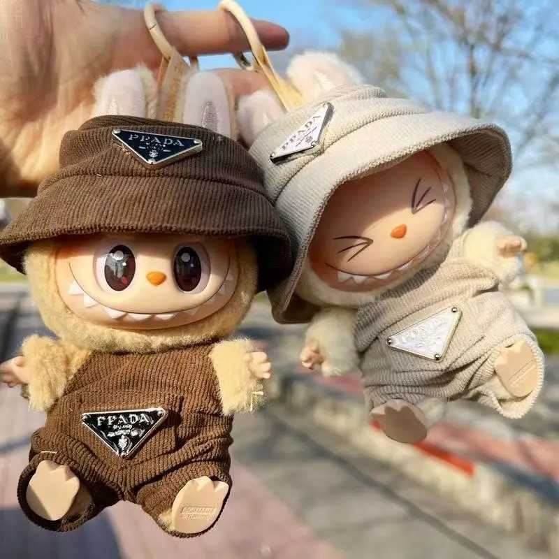 Luxury Corduroy Set with Triangle Badge Hat & Cargo Overalls for 15/17cm Labubu Series 30 Dolls DIY AccessoriesT260304