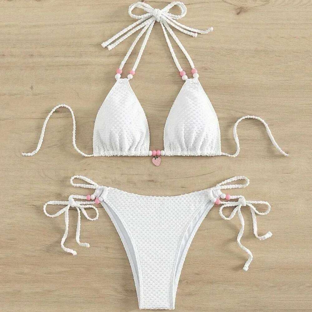 Sexy Pink Micro Thong Bikinis Sets Bead String Halter Swimwear Women Mini Swimsuit Bathing Suit Lace-up Biquinis Triangle Bikini Y260303