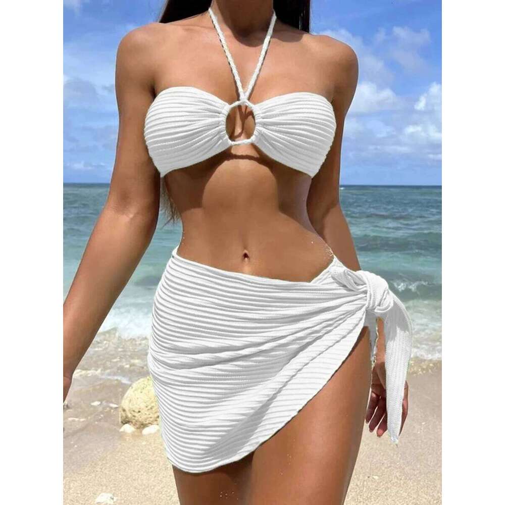 2025 Solid Halter 3 Piece Bikini String Skirt Swimsuit Women Swimwear Female Bather Bathing Swimming Swim Suit Beachwear Y260303
