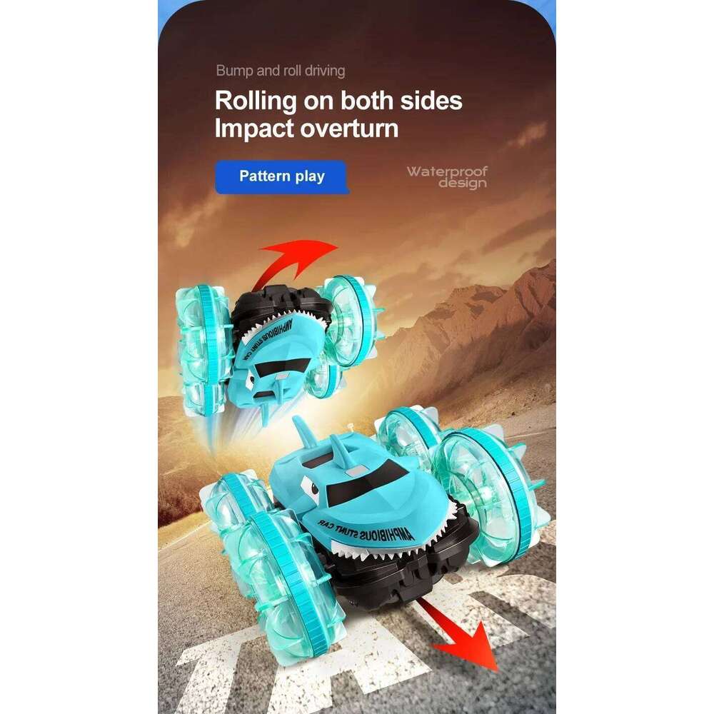 2.4G Amphibious RC Gesture Sensing Double-Sided Stunt Car Remote Control Shark Vehicle with Light Boy Toy Kid Christmas Gift Z260303