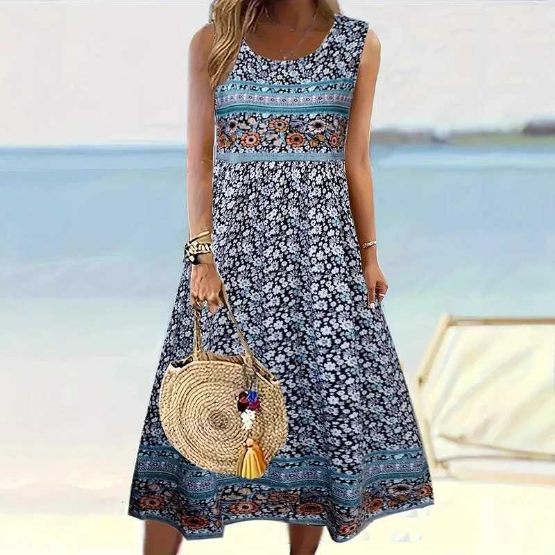 Summer Bohemian Dresses For Women Casual Sleeveless Long Dress Women Vintage Printed Beach Party Dress Plus Size Boho Vestidos M260304