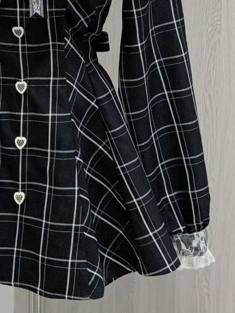 Japanese Fairy Sweet Lace Patchwork Plaid Dress Women Kawaii Grunge Ruffled Long Sleeve Dresses Y2k Aesthetic JK Lolita Vestidos M260304