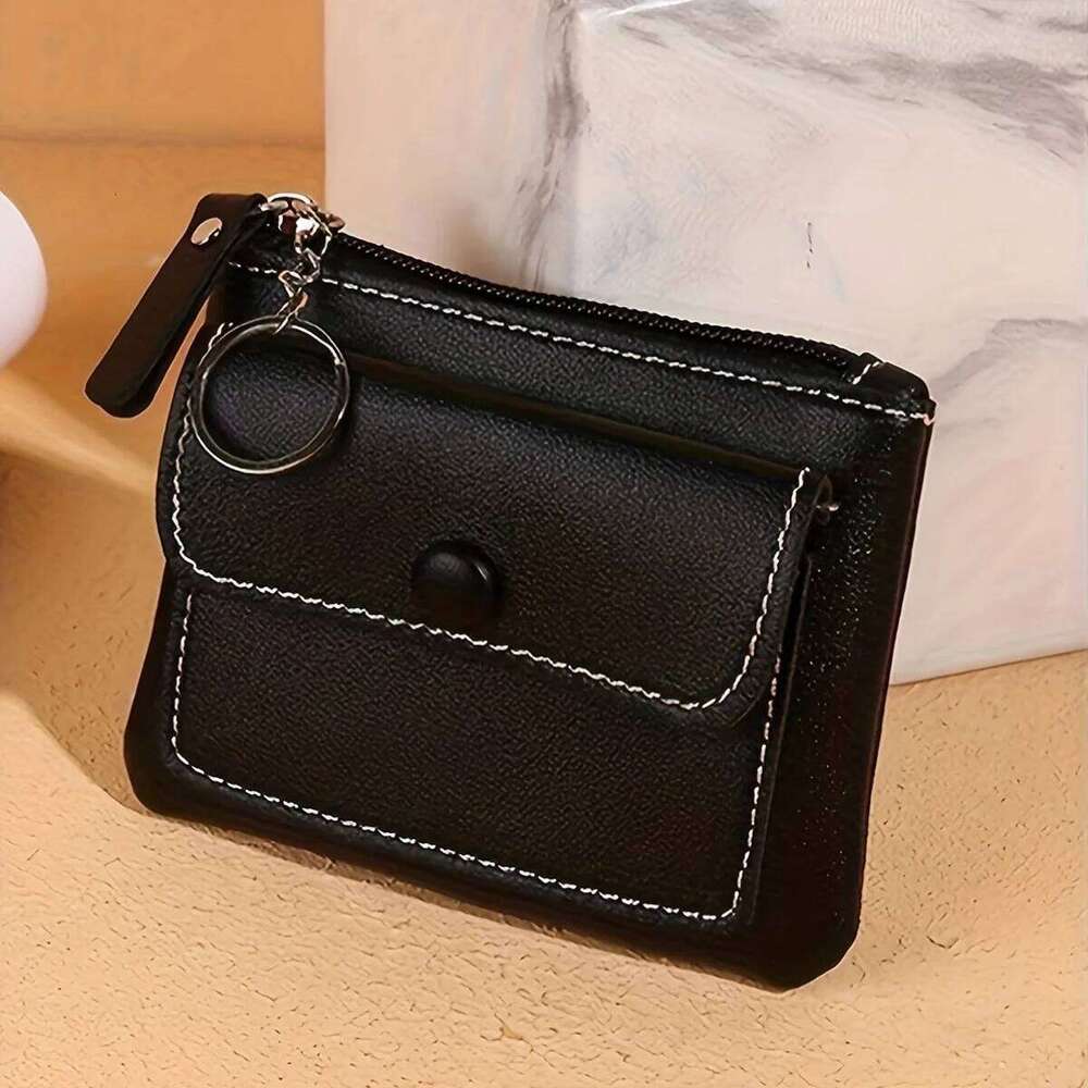 Black Fashionable Ladies' Zipper Short Wallet, Solid Color Card Pocket, Key Case, Coin Purse, 1 Piece C260304