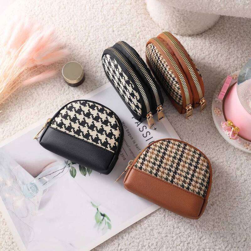 Fashionable semi-circular checkered texture double zipper mini bag Can hold earphones, keys and a large-capacity coin purse C260304