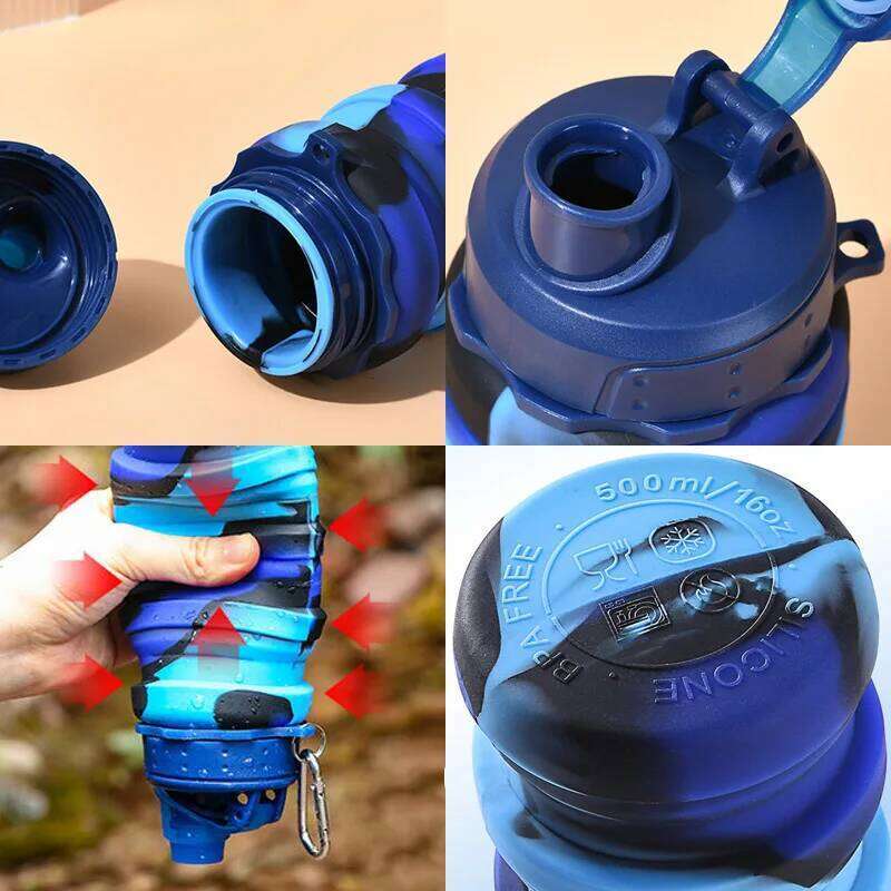 Outdoor Sports Silicone Foldable For Camouflage Creative Travel Reusable Leakproof Water Bottle With Carabiner S260303