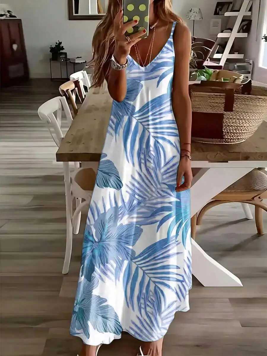 Womens Sleeveless V-Neck Tropical Print Maxi Dress M260304