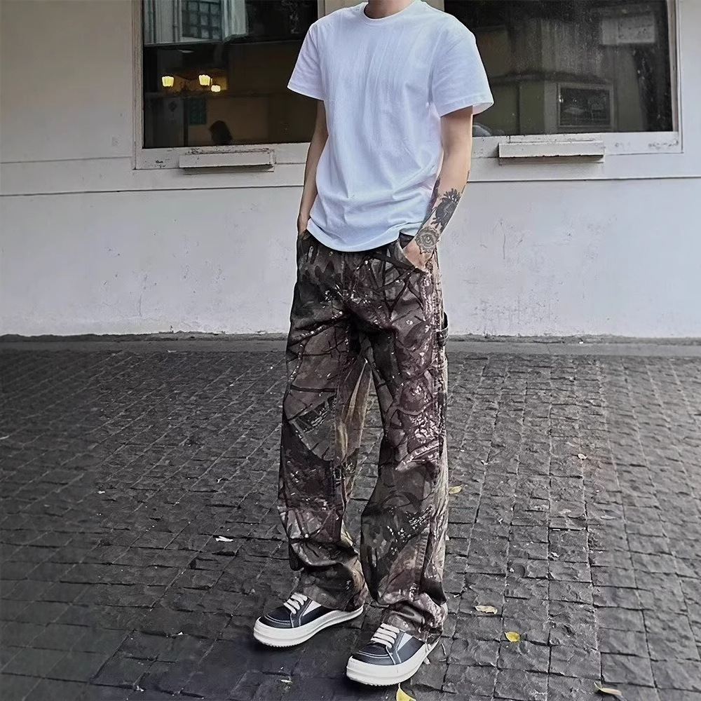 American Retro Branch Camouflage Multi-pocket Straight Cargo Pants For Men Designer Pants And Women High Street Jeans Casual Lumberjack Pants Trendy