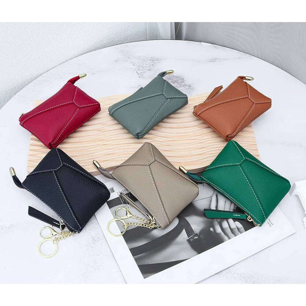 Womens Brand Geometric Design Coin Puzzle Money Bag Small Wallet with 2 Keychain Women Genuine Leather Zipper Change Purse C260304