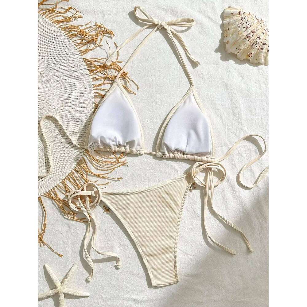 Peachtan thong bikini women's sexy pure desire neck hanging solid color two-piece beach swimsuit set Y260303