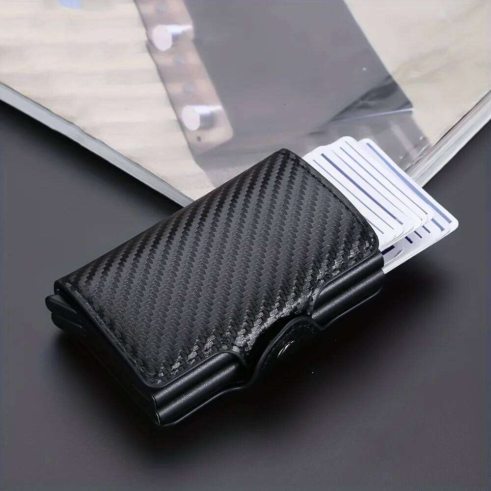 Rfid Aluminum Double Deck Buckle Men Holder Small Card Wallets Carbon fiber Leather Slim Mini Wallet Quality Male Purses C260304