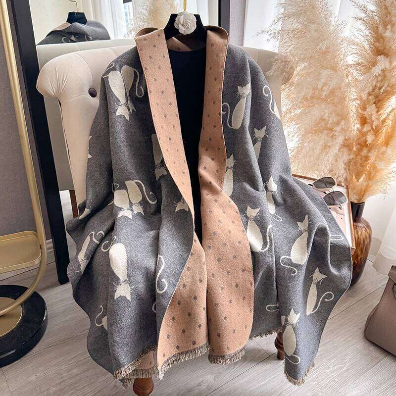 Women's Autumn Winter Warm Cat Pattern Faux Cashmere Scarf Jacquard Shawl Wrap Cozy Blanket Neck Protection XJ260304