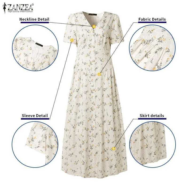 2026 ZANZEA Summer Elegant Casual Holiday Party Dress Women Floral Printed Dresses V Neck Short Sleeve Vestido A Line Robe Femme M260304