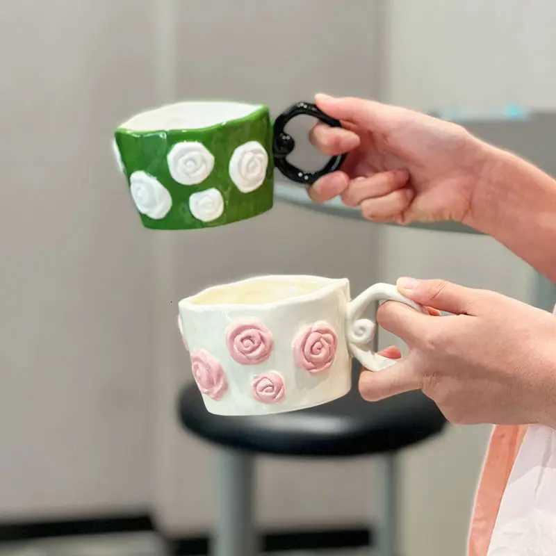 Girls Heart 3D Relief Rose Ceramic Mug Couple Drinking Water Coffee Cup Gift Handheld GiftT260304