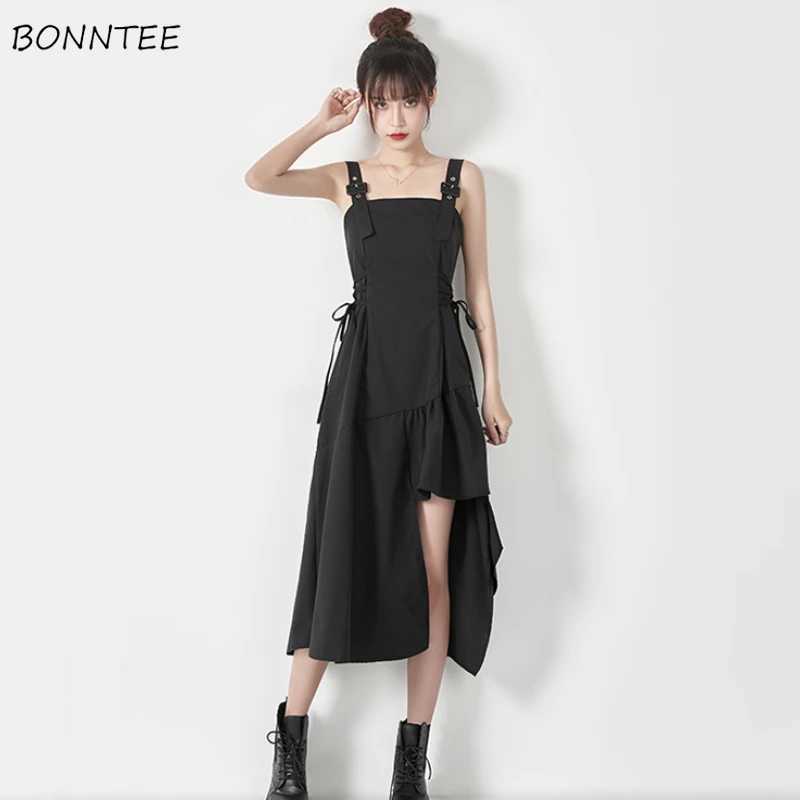 Streetwear Women Dress Fashion Summer Asymmetrical Sleeveless Sundress Lace-up Vintage Black Solid College Harajuku Chic Girls M260304
