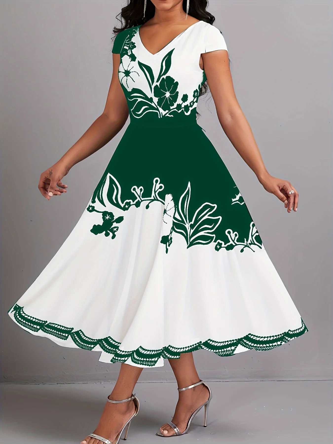 Plus Size Peplum Floral Print Dress - Elegant V-Neck Short Sleeves Scalloped Hem Medium Stretch Zipper Closure Machine Wash M260304