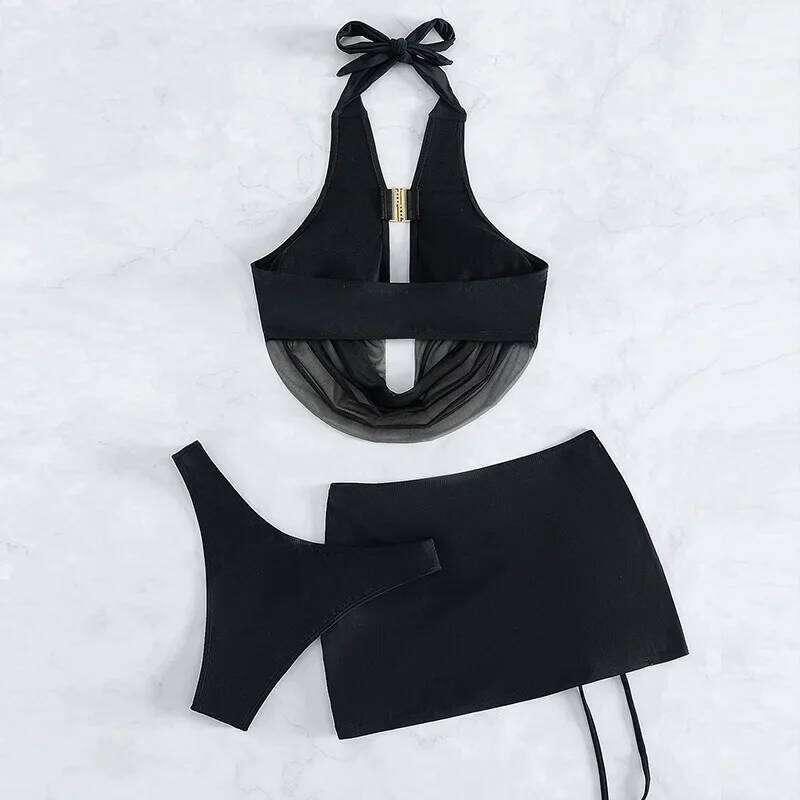 3 Piece Solid Halter Bikini 2025 Women Sexy Swimsuit & Beach Skirt Black Swimwear Bathers Bathing Swimming Suit Female Beachwear Y260303
