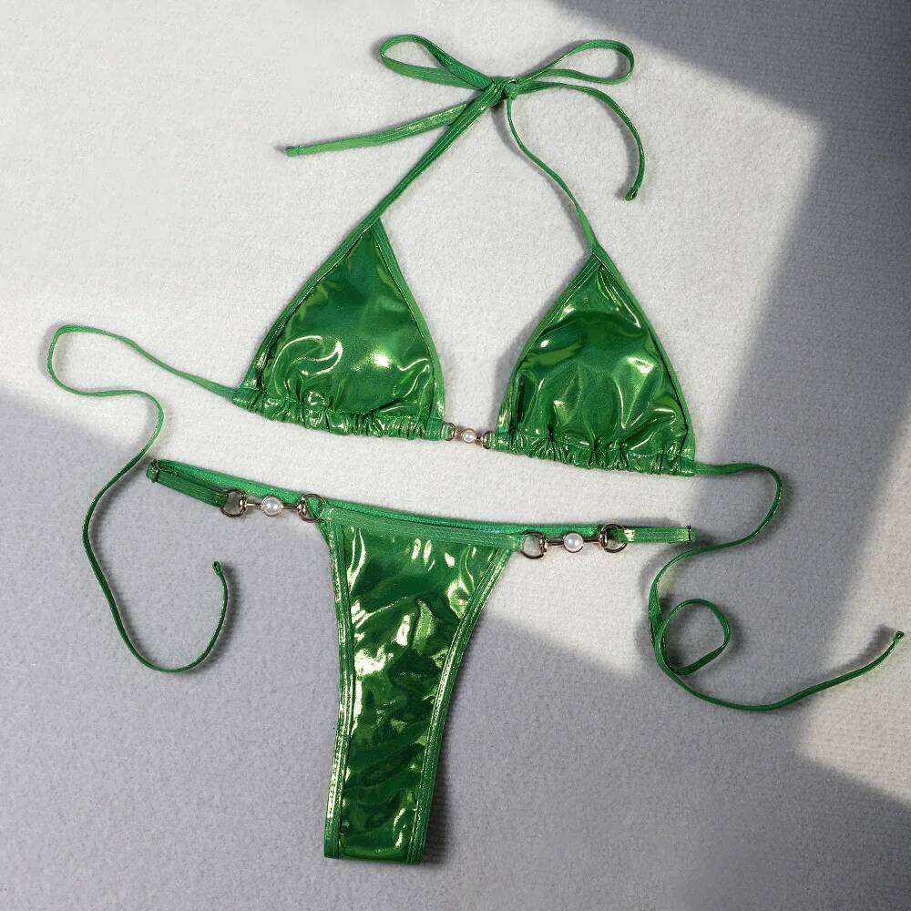 2025 New PU Faux Leather Halter Mini Thong Female Swimsuit Women Swimwear Two-pieces Bikini Set Bather Bathing Suit Swim Y260303