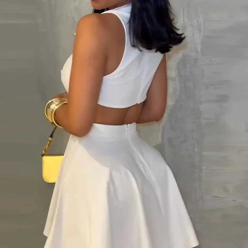 Elegant Stylish Sleeveless A-Line Mini Dress Women Sexy Hollow Out Club Party Dresses For Women Summer Short Dress White Black M260304